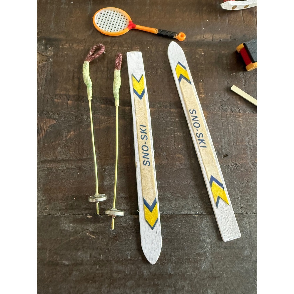 Vintage Dollhouse Miniature Winter Sports Set Skis Sled Hockey Stick Taiwan